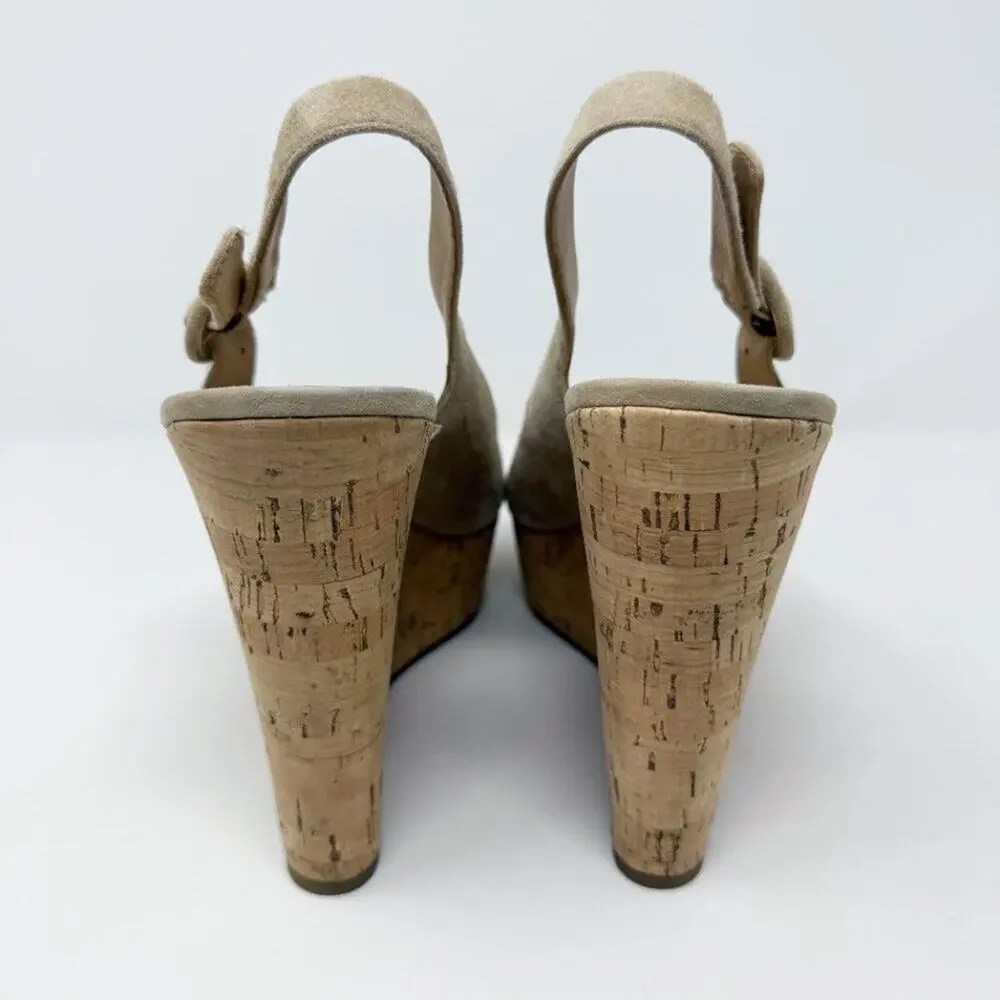 Veronica Beard Tan Suede Peep Toe Slingback Cork Wedges Women's Sz 8.5 High Heel